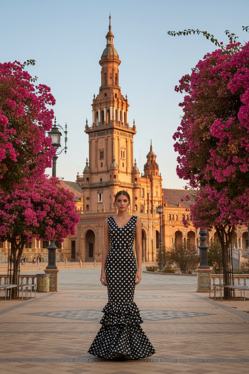 Traje Flamenca Sevillana Premium Licra | Falda Sirena Doble Volante | Mangas Acampanadas Dobles | Made in Italy | Vestido de Flamenca para Fiestas | 21048 NEGRO