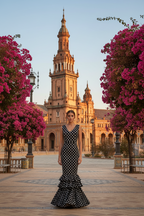 Traje Flamenca Sevillana Premium Licra | Falda Sirena Doble Volante | Mangas Acampanadas Dobles | Made in Italy | Vestido de Flamenca para Fiestas | 21048 NEGRO