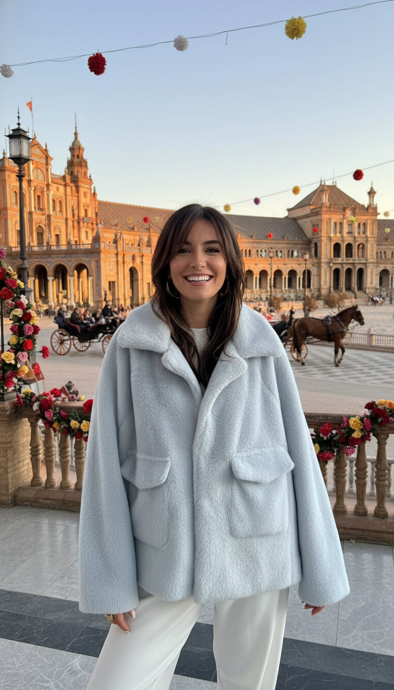 EMMA WU SELECTION Women's Long Sleeve Plush Coat with Loose Lapel and Single Button Closure for Winter, Short Plush Jacket