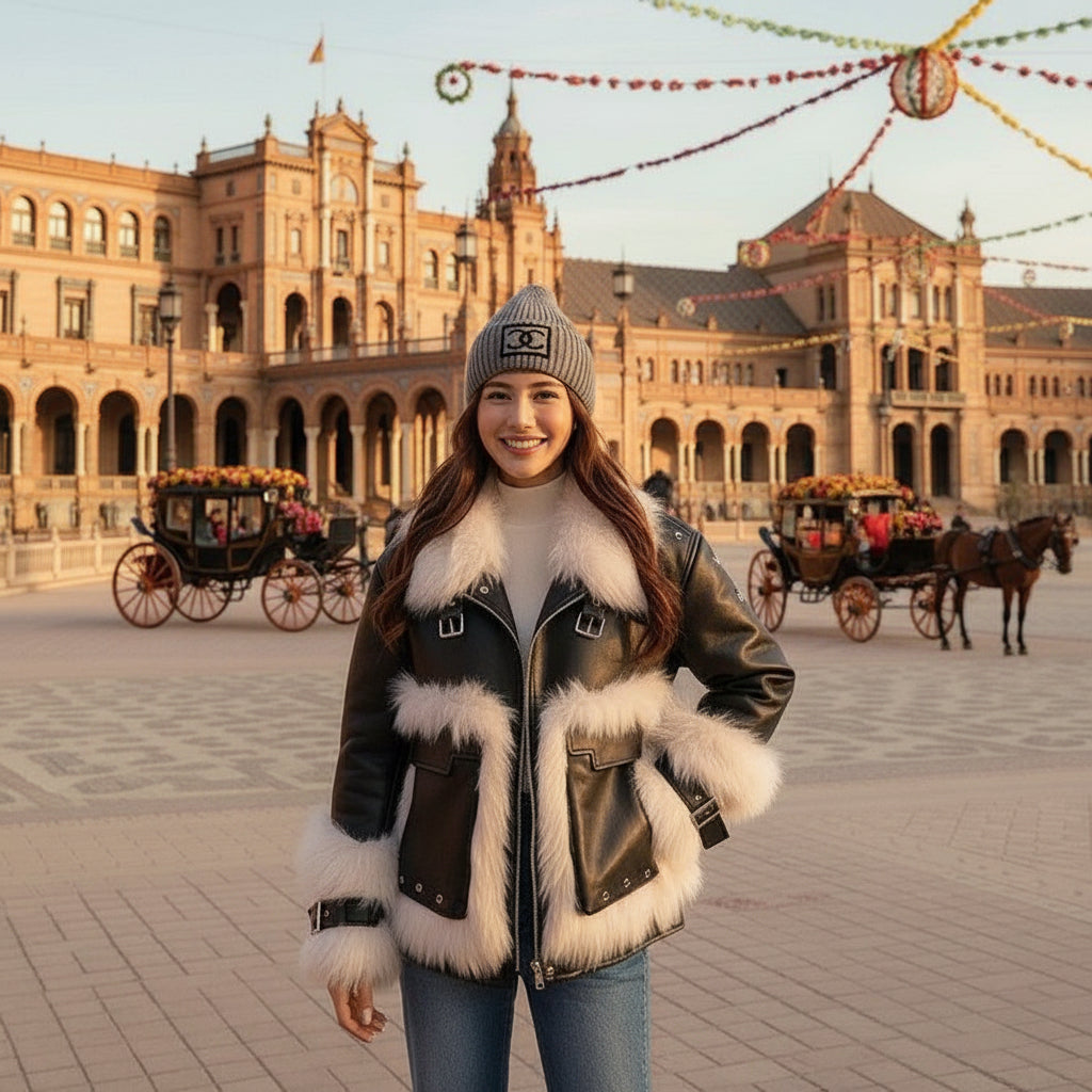 EMMA WU SELECTION Sense Leather Coat with Fox Fur Stitching