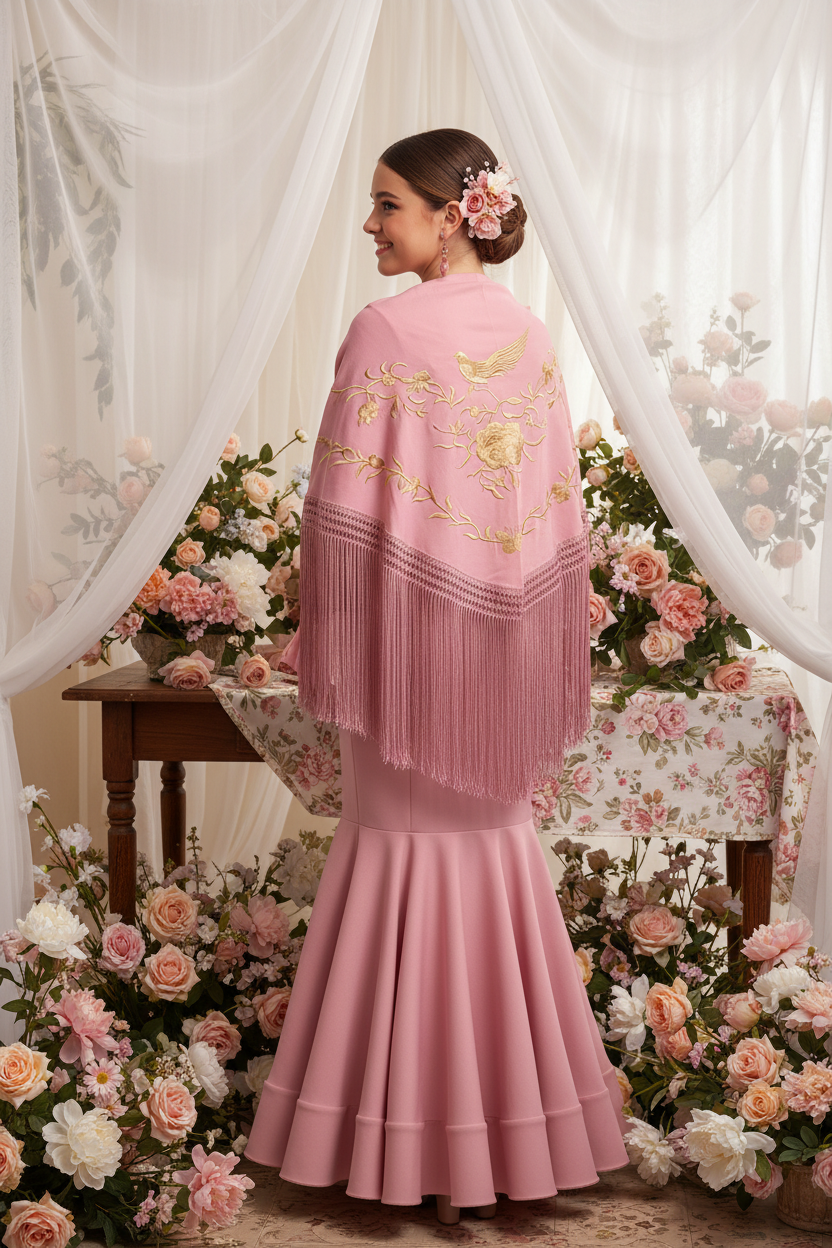 Baby Pink and Gold Triangular Shawl 150cm | Ref. MT13