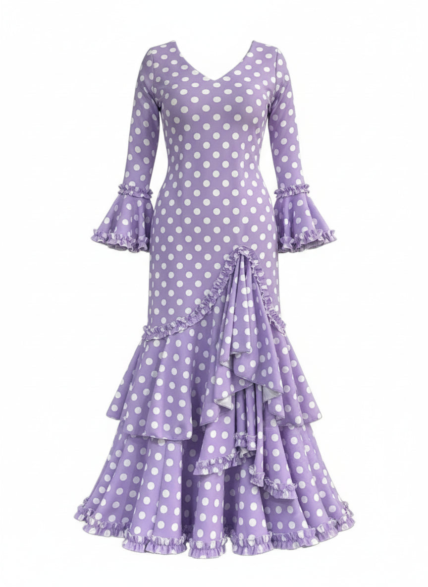 Traje Flamenca Sevillana Niña Premium Licra | Falda Sirena Volantes Múltiples | Made in Italy | Vestido de Flamenca para Fiestas |  KL-501 LILA CON LUNARES BLANCOS - KL-501  - LILA CON LUNARES BLANCOS