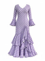 Traje Flamenca Sevillana Niña Premium Licra | Falda Sirena Volantes Múltiples | Made in Italy | Vestido de Flamenca para Fiestas |  KL-501 LILA CON LUNARES BLANCOS - KL-501  - LILA CON LUNARES BLANCOS